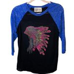 L&B  Black & Blue Burnout Baseball Tee with Indian Headdress in Bling Photo 0
