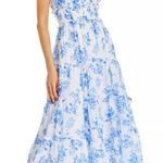 AQUA  Floral Midi Dress Smocked Tie Strap Tiered Casual‎ Summer White Blue L Photo 0