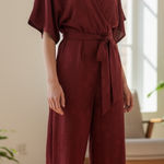 ZARA NWT LONG JACQUARD JUMPSUIT Burgundy Photo 0
