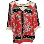 Fig & Flower Floral Lace Trimmed Tie Front Blouse‎ Top M Red Size M Photo 2