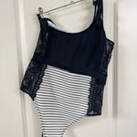 Source Unknown Black and White Striped One Shoulder Swimsuit Size L Photo 5