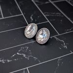 Vintage Stud Earrings Clear Gem Oval with Silver Tone Halo Photo 2