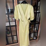 ZARA maxi dress silky satin butter yellow puff sleeve wrap tie front black tie Photo 2