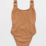 Aerie  Shimmery Crinkle Birthday Scoop Cheekiest One Piece Swimsuit in Beach Dune Photo 4