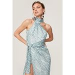 Elle Zeitoune Grace White Teal Polka Dot l Halter High Neck Formal Gown Large Blue Photo 3