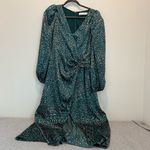 FLORET STUDIOS Long Sleeve Satin Faux Wrap Midi Dress in Green Pink size M Size M Photo 1