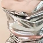 VERTE NWT SEXY Y2K Asymmetrical neck Metallic Ruched sleeves draped crop top M Silver Size M Photo 5