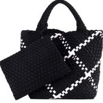 Ahdorned Black White Lily Woven Neoprene Large Tote With Pouch Purse Shoulder Bag Photo 0