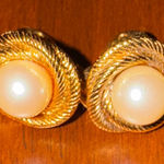 Monet Vintage  Gold Tone Faux Pearl Clip On Earrings Signed Pearls Photo 0
