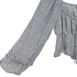 Altar'd State Altar’d State Blue Floral Cropped Shirt size Large Long Sleeve Tie Neck Ruffle Photo 3