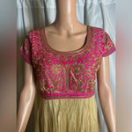 Meena Bazaar Embroidered Gown Anarkali Dress Gold & Hot Pink Photo 3