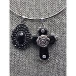 None Silver Tone Collar Necklace &2 Black Pendants Oval & Cross Whimsigoth Witchy 18" Photo 3