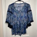 Free People Womens Sheer Lace Floral Blouse Blue Lagenlook Size Small Photo 5