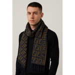 Fendi  Navy Blue Tan Wool Silk Scarf with Decorative Tassels Photo 13