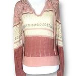 Vintage Knit Embroidered Hoodie Sweater Oatmeal Pink Floral Cropped Crochet Size M Photo 0