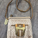 Tignanello Signature Cross Body Bag Beige Tan Gold Canvas Leather Buckle Pocket Photo 0