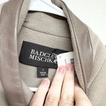 Badgley Mischka  Designer Beige Wool Pea Coat Leather Trim Luxury Jacket Large Photo 1