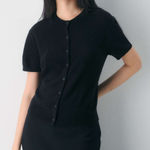 Loft Black 100% Pima Cotton Short-Sleeve Crewneck Button-up Cardigan, Medium Photo 0