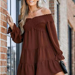 Cupshe  Boho Crisscross Off Shoulder Dress In Terracotta Long Sleeve Mini Sz XL Photo 0