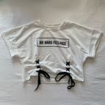 “No Hard Feelings” White Crop Tee Black Lace Photo 1