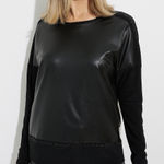 Joseph Ribkoff Top Size 6 Black Faux Leather Front #224179 Sequins Long Sleeve Photo 0