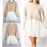 Free People  Sweatshirt Dress Top L Cream White Pleated Skirt Layered Oversized Photo 4