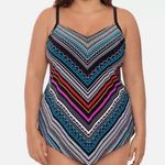 Trimshaper Multicolor V Print Handkerchief Hem Tankini Swim Top Black Size 12 Photo 0