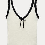 ZARA ivory off white & black crochet trim knit ribbed tank top with bow front Photo 0