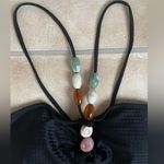 BLACK 1960S SOLID TEXTURED BANDEAU HALTER SWIMSUIT, STONE DETAIL; L Size L Photo 1