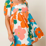 Boutique BiBi Floral Puff Sleeve Square Neck Babydoll Mini Dress XL Retro Style 70s New Photo 0