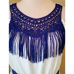 Pink Owl Modcloth White with Blue Fringe & Crochet Trim Halter Maxi Dress Boho Photo 3