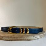 Amanda Smith Vintage 90s Blue Genuine Leather Golden Buckle Belt Size Large Photo 11