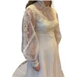 Vintage 1960s Lace Illusion High Neck Bridal Wedding Gown w/ Train XS White Photo 9