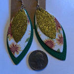 Layered Fabric Green Gold Glitter Sun Flower Pierced Earrings Photo 3