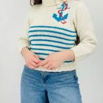 vintage coastal nautical anchor novelty striped turtleneck sweater 3/4 sleeve s Blue Photo 6