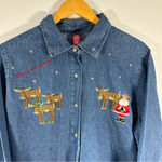 American Vintage Vintage Christmas Long Sleeve Denim Woven Shirt Embroidered Santa Moose XL Photo 2