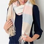 Liz Claiborne  Knit Scarf Autumn Plaid Tan Blue Pink Photo 1
