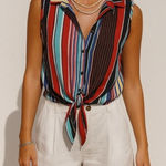Perseption Womens Blue Striped Sleeveless Collared VNeck Button Top sz L Beachy Size L Photo 0