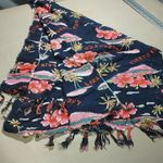 Shawl Wrap Scarf Vintage Puerto Rico Hibiscus Palm Tree Navy Blue Pink Fringe Photo 7