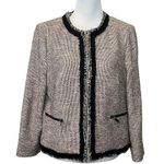 LK Bennett Tweed Fringe Blazer Women’s Size 12 Pink Shoulder Pads Zip Jacket Black Photo 0