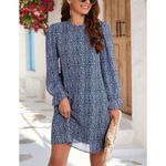 NWT Kojooin Ruffle Mock Neck Long Sleeve Floral Pleated Flowy Mini Dress Sz XXL Blue Photo 2