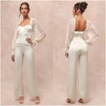 LULU’S Gracefully Modern Ivory Satin Mesh Long Sleeve Bustier Jumpsuit White Photo 1
