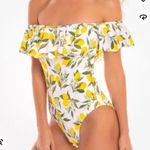 Revamped Lemon Printed Ruffle Off The Shoulder One Piece Swimsuit Size Small Yellow Photo 0