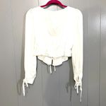 Kittenish  White Satin Tie Front Long Sleeve Cinched Cropped Trendy Top S Photo 4