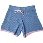 ZARA  Women's Small Knit Lounge Set Blue Pink Trim Short Sleeve Button Top Shorts Photo 5