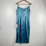 Venus  Teal Satin Slip Dress Size 8 Cowl‎ Neck Adjustable Straps Midi Slit Party Photo 2
