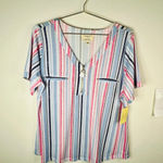 Flower & Feather Multi Colored Stripe Short Sleeve Zipper Front Top Plus Size 2X Photo 1