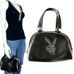 Playboy  Y2K Black Silver Mini Bowler Bag Purse McBling Vegan Leather Bunny Bling Photo 1