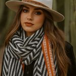 100% Merino Wool Scarf Black White Orange Chevron Print Made in Kashmir India Photo 1