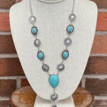 Faux Turquoise Concho & Sunburst Lariat Necklace Silver Photo 0